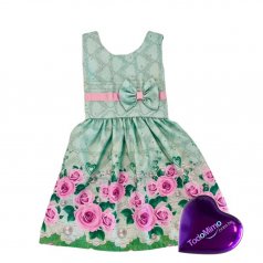 Vestido Infantil Verde Água de Microfibra Digitalizado 100% Poliéster - Rosas e Corações