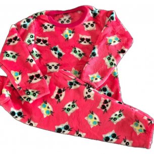 Conjunto Fleece Rosa com Estampa de Gatinhos - Tecido de Manta de Bebê