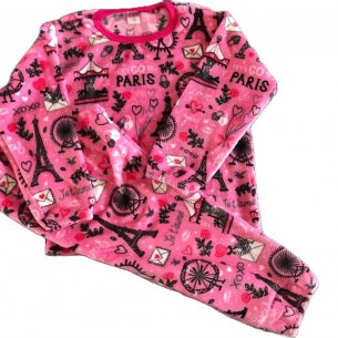 Conjunto Fleece Rosa com Estampa Paris - Tecido de Manta de Bebê