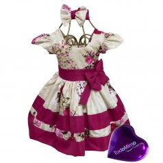 Vestido de Festa Bebê, de Tricoline - Creme com Estampa Floral Rosa + Lacinho Para Cabelo 