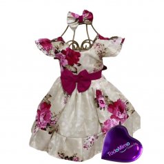 Vestido de Festa Bebê, de Tricoline - Creme com Estampa Floral Rosa com Babado + Lacinho Para Cabelo