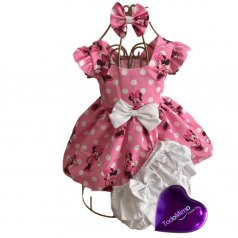 Conjunto Bunda Rica Rosa – Vestido com Calcinha + Laço para Cabelo Minnie Rosa