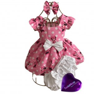 Conjunto Bunda Rica Rosa – Vestido com Calcinha + Laço para Cabelo Minnie Rosa