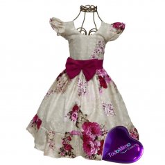 Vestido de Festa de Tricoline - Creme com Estampa Floral Rosa com Babado