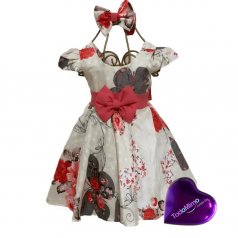 Vestido de Festa Bebê, de Tricoline - Creme com Estampa Floral + Lacinho Para Cabelo